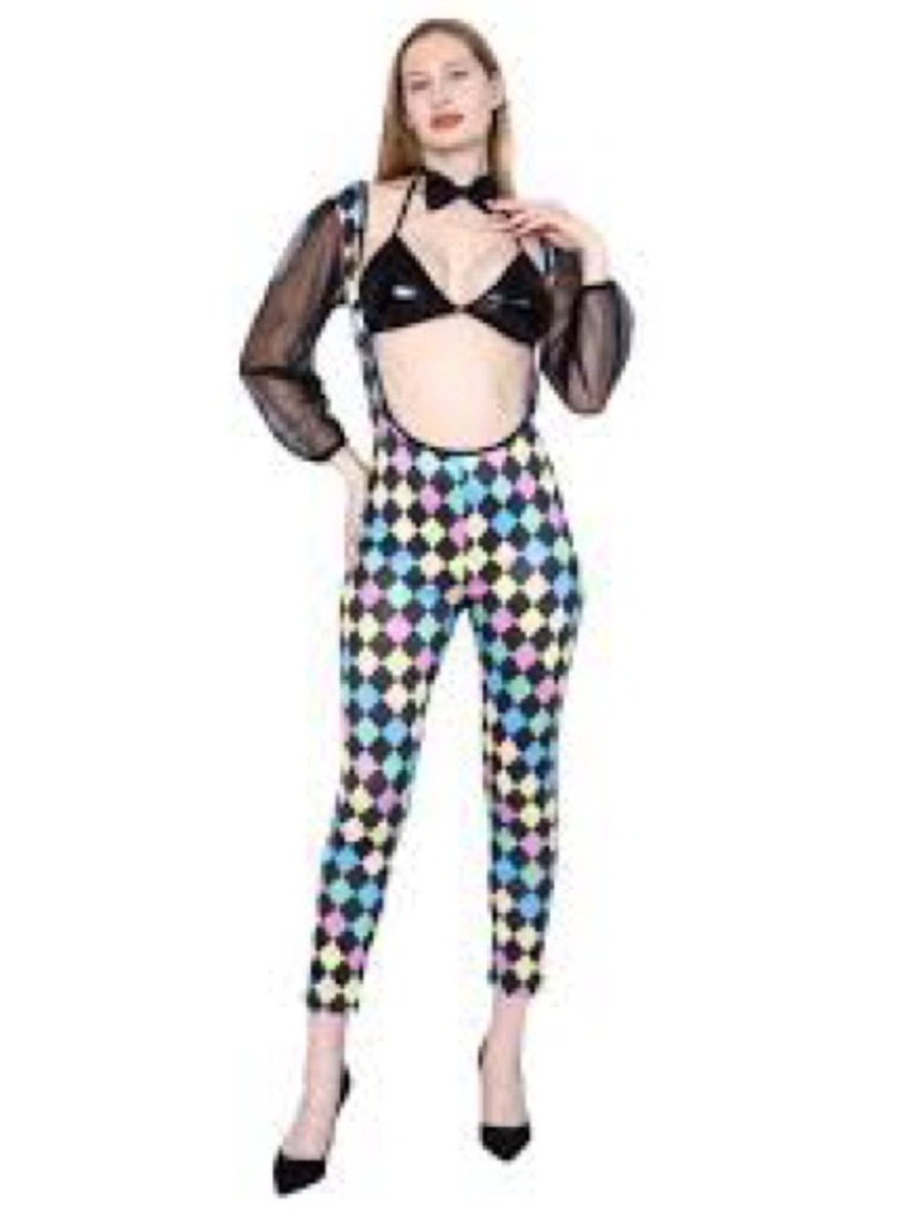 Clown Costume Adult S/M/L Harlequin Diamond Print Halloween Cosplay NIP